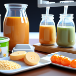 **

Enzymatic hydrolysis process in a food science lab. Focus on the enzymes breaking down protein molecules. A background showing healthy food examples like a protein shake, baby food, and a therapeutic meal. Style: Clean, scientific illustration.

**