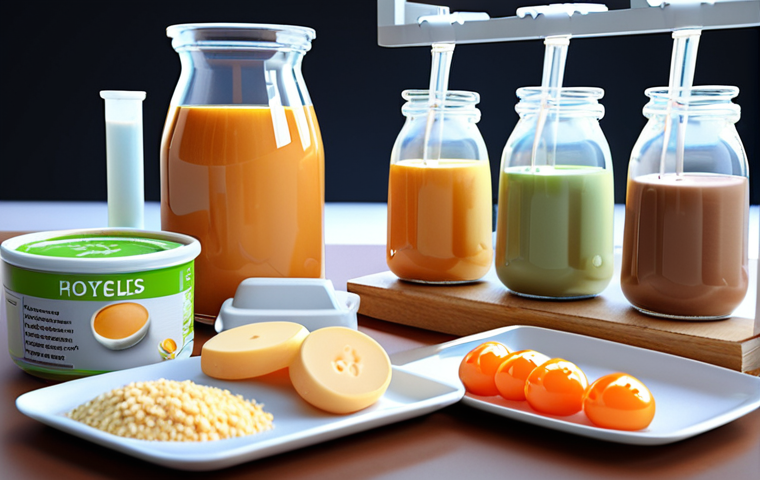 **

Enzymatic hydrolysis process in a food science lab. Focus on the enzymes breaking down protein molecules. A background showing healthy food examples like a protein shake, baby food, and a therapeutic meal. Style: Clean, scientific illustration.

**