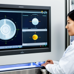 A professional food quality assurance specialist, fully clothed in a clean, modest lab coat, meticulously observing real-time data on a transparent, holographic display in a high-tech food processing facility. The background shows sterile stainless steel equipment and automated sensors monitoring food products, emphasizing innovation in food safety and precise control. This is a professional photograph, with perfect anatomy, correct proportions, natural pose, well-formed hands, proper finger count, natural body proportions, safe for work, appropriate content, fully clothed, professional, high quality, realistic, detailed.