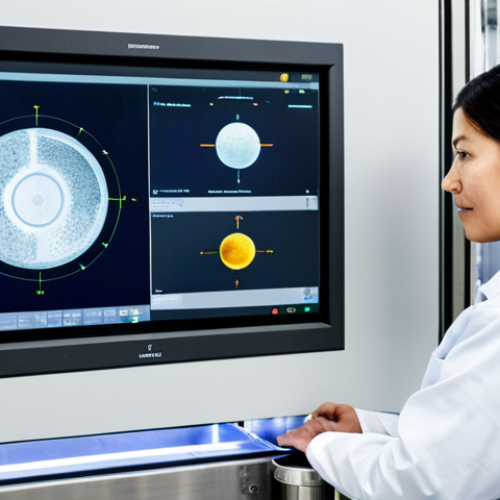 Home 24 A professional food quality assurance specialist, fully clothed in a clean, modest lab coat, meticulously observing real-time data on a transparent, holographic display in a high-tech food processing facility. The background shows sterile stainless steel equipment and automated sensors monitoring food products, emphasizing innovation in food safety and precise control. This is a professional photograph, with perfect anatomy, correct proportions, natural pose, well-formed hands, proper finger count, natural body proportions, safe for work, appropriate content, fully clothed, professional, high quality, realistic, detailed.