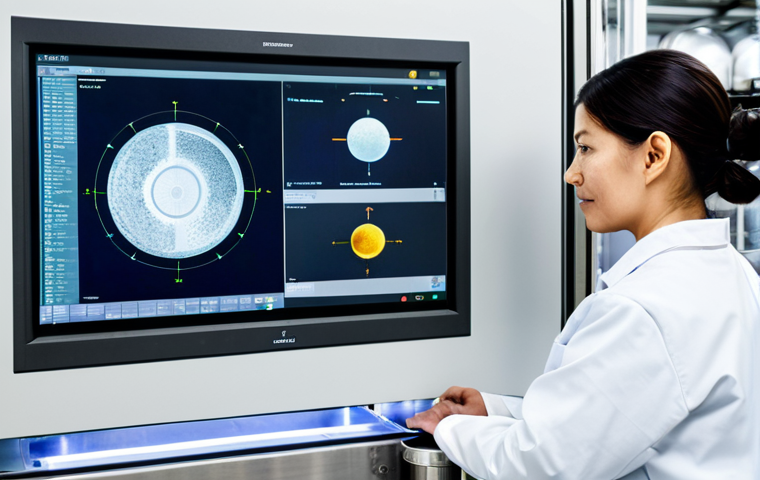 A professional food quality assurance specialist, fully clothed in a clean, modest lab coat, meticulously observing real-time data on a transparent, holographic display in a high-tech food processing facility. The background shows sterile stainless steel equipment and automated sensors monitoring food products, emphasizing innovation in food safety and precise control. This is a professional photograph, with perfect anatomy, correct proportions, natural pose, well-formed hands, proper finger count, natural body proportions, safe for work, appropriate content, fully clothed, professional, high quality, realistic, detailed.