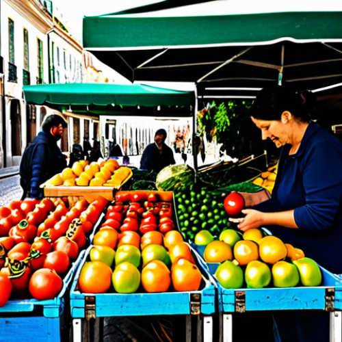 Home 23 **
"A vibrant farmers market scene in Lisbon, Portugal. A friendly vendor in modest clothing is arranging colorful fruits and vegetables (tomatoes, oranges, peppers) on a wooden stall. Sunlight dappled through an awning. Fully clothed, appropriate content, safe for work, professional photography, perfect anatomy, natural proportions, family-friendly atmosphere."
**
