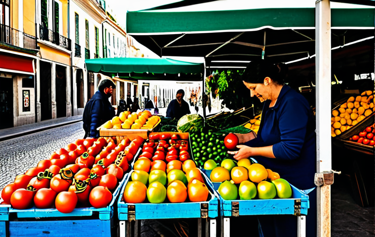 **

"A vibrant farmers market scene in Lisbon, Portugal.  A friendly vendor in modest clothing is arranging colorful fruits and vegetables (tomatoes, oranges, peppers) on a wooden stall. Sunlight dappled through an awning.  Fully clothed, appropriate content, safe for work, professional photography, perfect anatomy, natural proportions, family-friendly atmosphere."

**