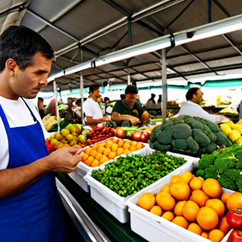 Home 22 Food Safety Inspection**
"A professional food safety inspector in appropriate attire, examining fresh produce at a local Portuguese farmer's market. The market is bustling with activity, vendors are displaying colorful fruits and vegetables. Focus on the inspector carefully checking the quality and safety of the produce. The scene is well-lit and detailed. Safe for work, appropriate content, fully clothed, professional, family-friendly, perfect anatomy, correct proportions, natural pose, well-formed hands, proper finger count, natural body proportions, high quality."
**