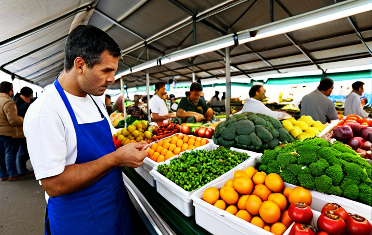 Food Safety Inspection**

"A professional food safety inspector in appropriate attire, examining fresh produce at a local Portuguese farmer's market. The market is bustling with activity, vendors are displaying colorful fruits and vegetables. Focus on the inspector carefully checking the quality and safety of the produce. The scene is well-lit and detailed. Safe for work, appropriate content, fully clothed, professional, family-friendly, perfect anatomy, correct proportions, natural pose, well-formed hands, proper finger count, natural body proportions, high quality."

**