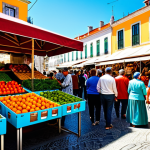 **

"A vibrant marketplace in Lisbon, Portugal, overflowing with colorful fruits and vegetables. Vendors in traditional attire are interacting with customers. Focus on the natural light and lively atmosphere. Safe for work, appropriate content, fully clothed, professional photography, high quality."

**