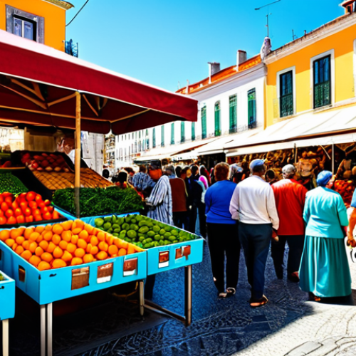 Home 9 **
"A vibrant marketplace in Lisbon, Portugal, overflowing with colorful fruits and vegetables. Vendors in traditional attire are interacting with customers. Focus on the natural light and lively atmosphere. Safe for work, appropriate content, fully clothed, professional photography, high quality."
**