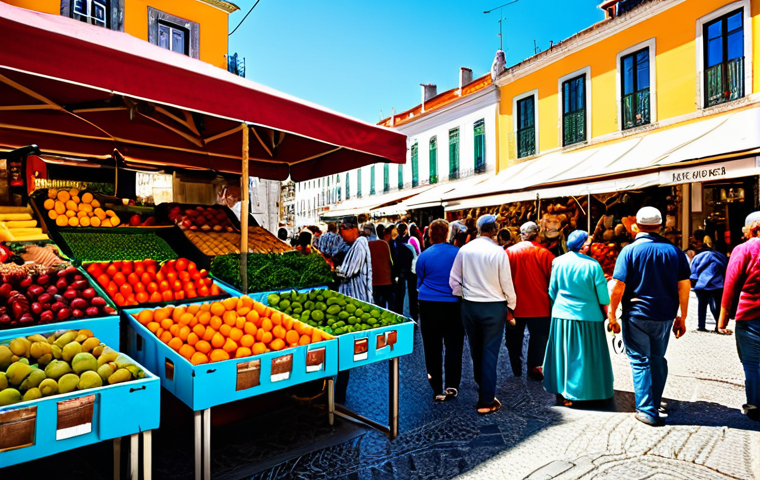 **

"A vibrant marketplace in Lisbon, Portugal, overflowing with colorful fruits and vegetables. Vendors in traditional attire are interacting with customers. Focus on the natural light and lively atmosphere. Safe for work, appropriate content, fully clothed, professional photography, high quality."

**