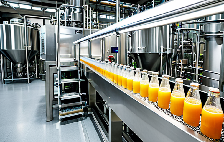 식품 공정에서의 다공성 소재 활용 - **A modern beverage factory showcasing selective filtration:** "High-tech beverage production line, ...
