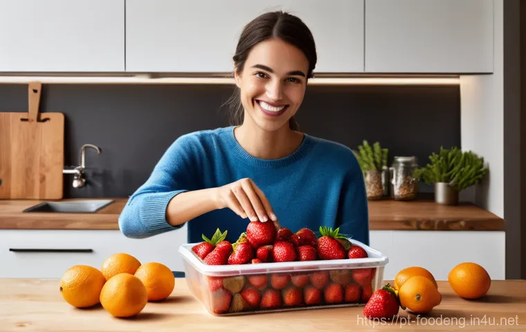 식품에서의 항균 포장 개발 - **Prompt:** A warm and inviting Portuguese kitchen scene bathed in natural morning light. A young wo...