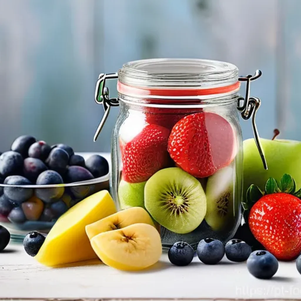식품의 냉동건조 공정 - A vibrant, close-up shot of an assortment of freeze-dried fruits arranged artfully on a light wooden...