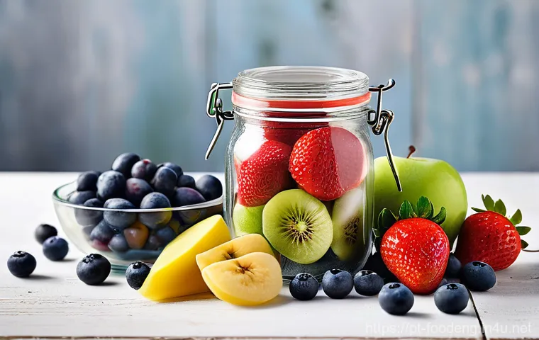 식품의 냉동건조 공정 - A vibrant, close-up shot of an assortment of freeze-dried fruits arranged artfully on a light wooden...