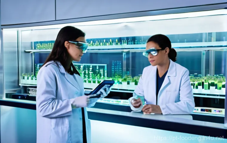 식품 내 중금속 검출 기술 - **Title:** AI's Culinary Watch: Precision in Production
    **Prompt:** A dynamic, high-angle view i...