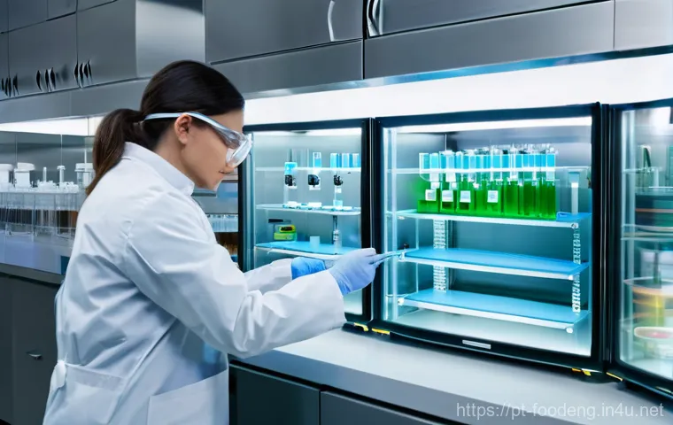 식품 분석 기법 - **Prompt:** "A highly detailed, realistic image of a modern, state-of-the-art food science laborator...