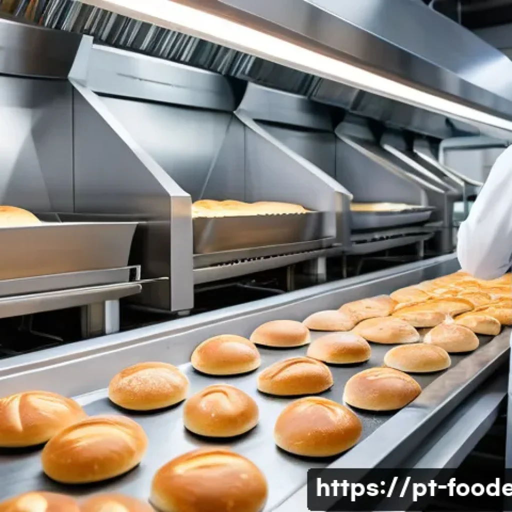식품 가공에서의 재료 물성 제어 - A high-tech food production line inside a modern industrial kitchen, featuring automated digital tem...