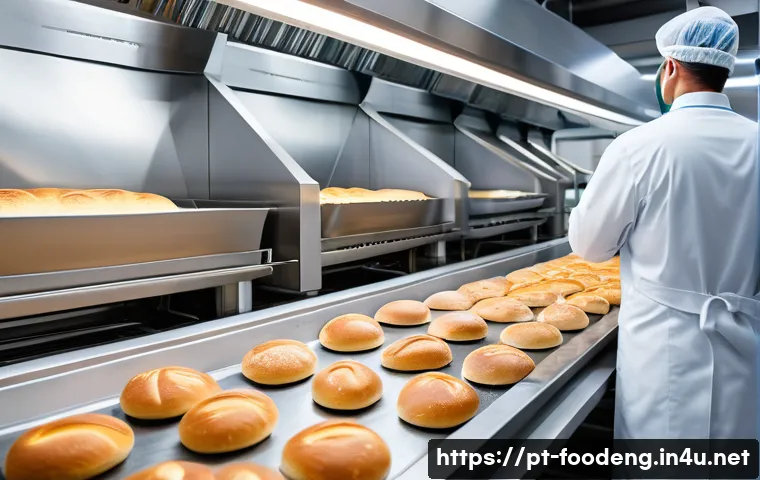 식품 가공에서의 재료 물성 제어 - A high-tech food production line inside a modern industrial kitchen, featuring automated digital tem...