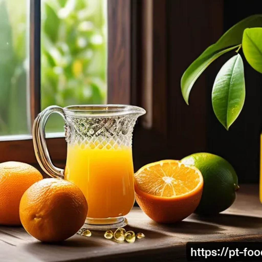 식품과 면역 건강 - A vibrant still life composition featuring a rustic wooden table adorned with fresh citrus fruits in...