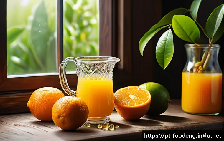 식품과 면역 건강 - A vibrant still life composition featuring a rustic wooden table adorned with fresh citrus fruits in...