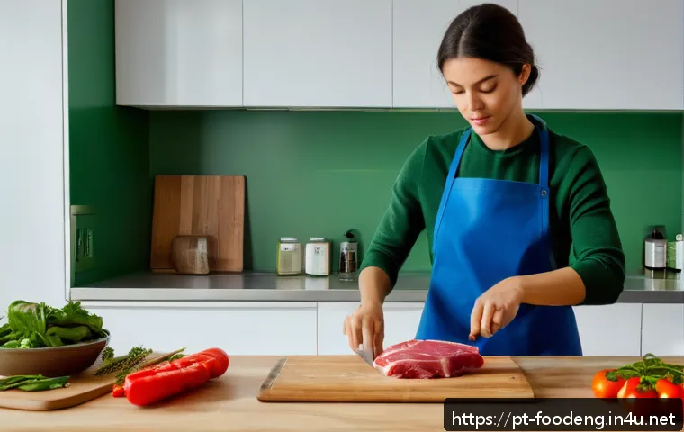 식품위생과 안전 - A modern, clean kitchen scene focused on safe food preparation practices: a person wearing casual ho...