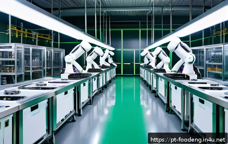 식품 공정에서의 로봇 기술 활용 - A modern Brazilian food production factory with advanced robotic arms and collaborative robots (cobo...