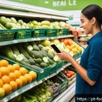 식품의 원산지 추적 기술 - A detailed, vibrant scene of a modern Brazilian supermarket aisle showcasing a variety of fresh frui...