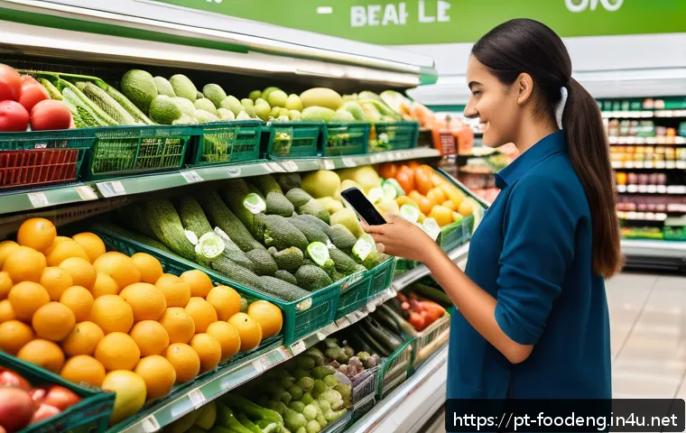 식품의 원산지 추적 기술 - A detailed, vibrant scene of a modern Brazilian supermarket aisle showcasing a variety of fresh frui...