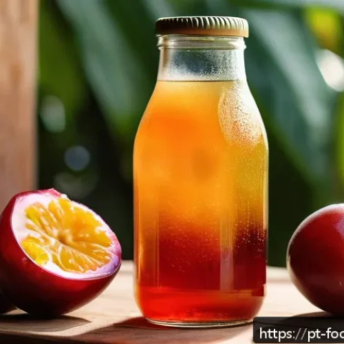전통 발효식품의 과학적 원리 - A vibrant, close-up shot of a traditional Brazilian-style kombucha glass bottle with visible efferve...