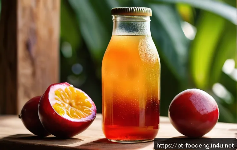 전통 발효식품의 과학적 원리 - A vibrant, close-up shot of a traditional Brazilian-style kombucha glass bottle with visible efferve...