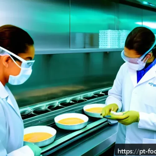 식품 가공 중 단백질 변성 제어 - A high-tech food processing laboratory scene in Brazil, showing scientists wearing clean lab coats a...