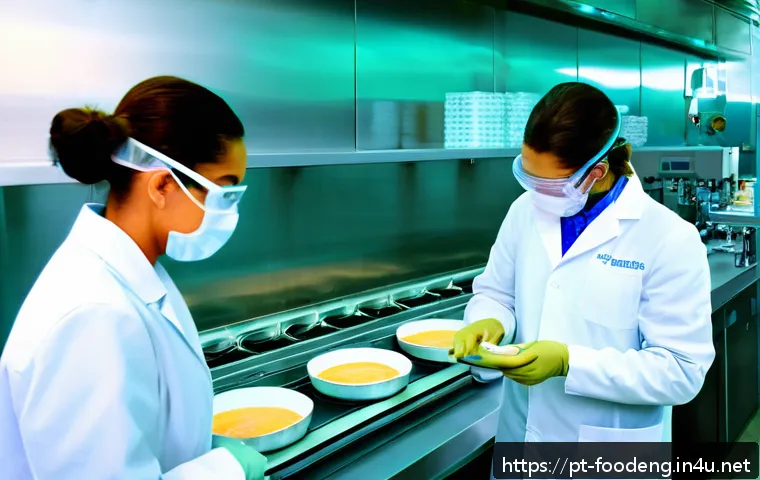 식품 가공 중 단백질 변성 제어 - A high-tech food processing laboratory scene in Brazil, showing scientists wearing clean lab coats a...