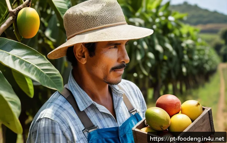 식품 내 유해물질 검출 기술 - A detailed scene of a Brazilian small-scale farmer in a sunny rural setting, using a modern handheld...