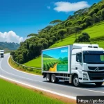 식품 유통과 물류 시스템 - A vibrant and detailed scene of a modern Brazilian rural road with a sleek electric delivery truck t...