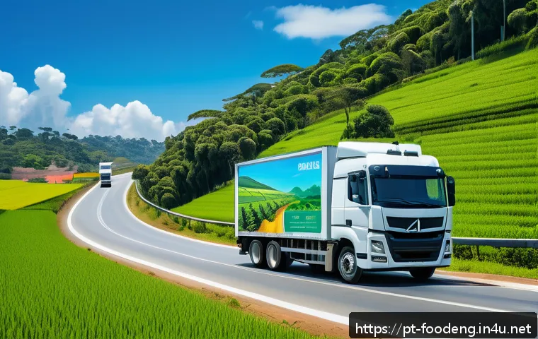 식품 유통과 물류 시스템 - A vibrant and detailed scene of a modern Brazilian rural road with a sleek electric delivery truck t...