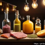 식품에서의 아미노산 분석 - A detailed scientific illustration of amino acids interacting with food proteins during cooking and ...