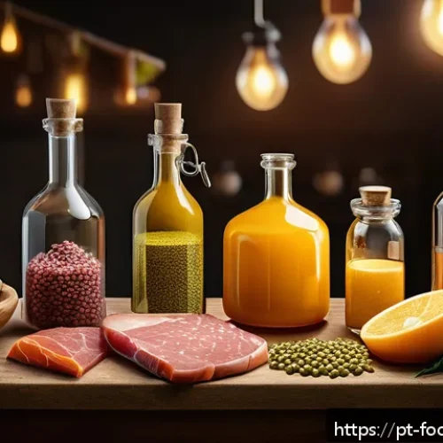 식품에서의 아미노산 분석 - A detailed scientific illustration of amino acids interacting with food proteins during cooking and ...