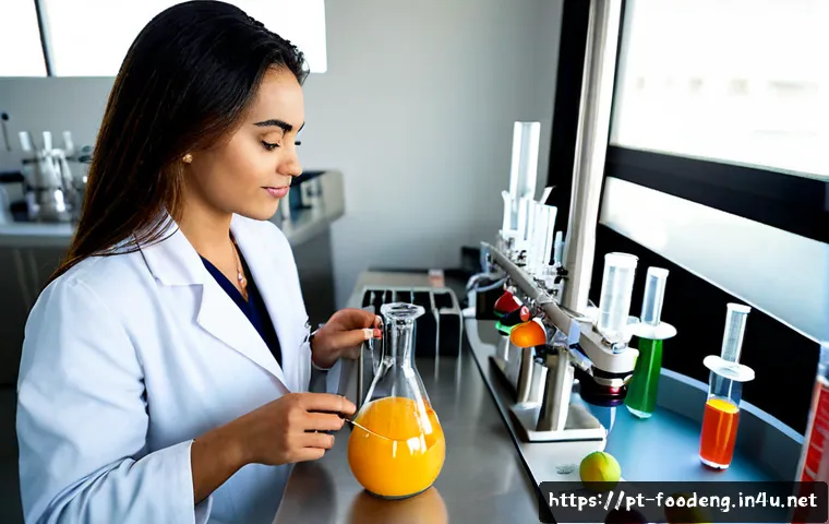 식품에서의 인공향료 분석 - Photorealistic food science laboratory in Brazil, a food analyst in a clean white lab coat examining...