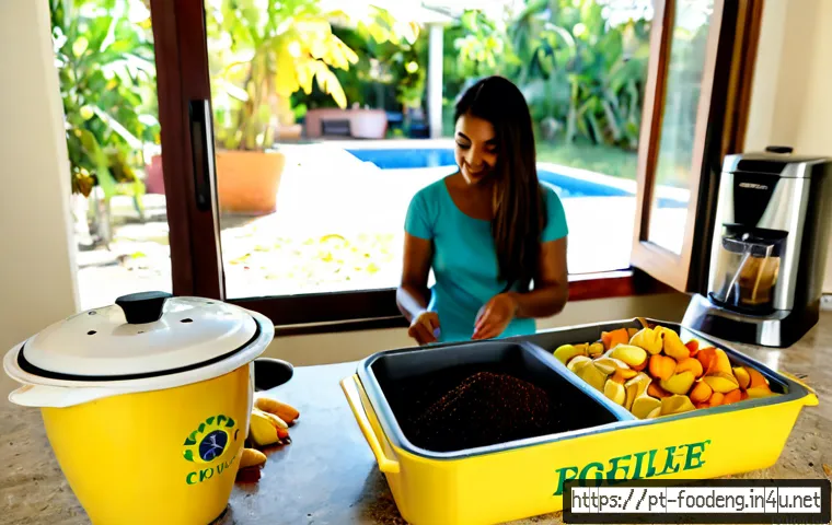 Home 15 식품 폐기물 재활용 - Photorealistic bright Brazilian home kitchen, a Portuguese-speaking family sorting colorful fruit pe...
